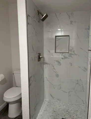 Glass-enclosed shower with large format tile walls, mosaic tile flooring, built-in shower niche, and brushed nickel fixtures
