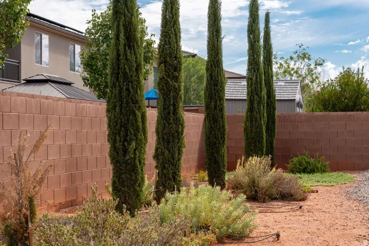Landscaped backyard featuring privacy fencing, mature trees, and low-maintenance plantings