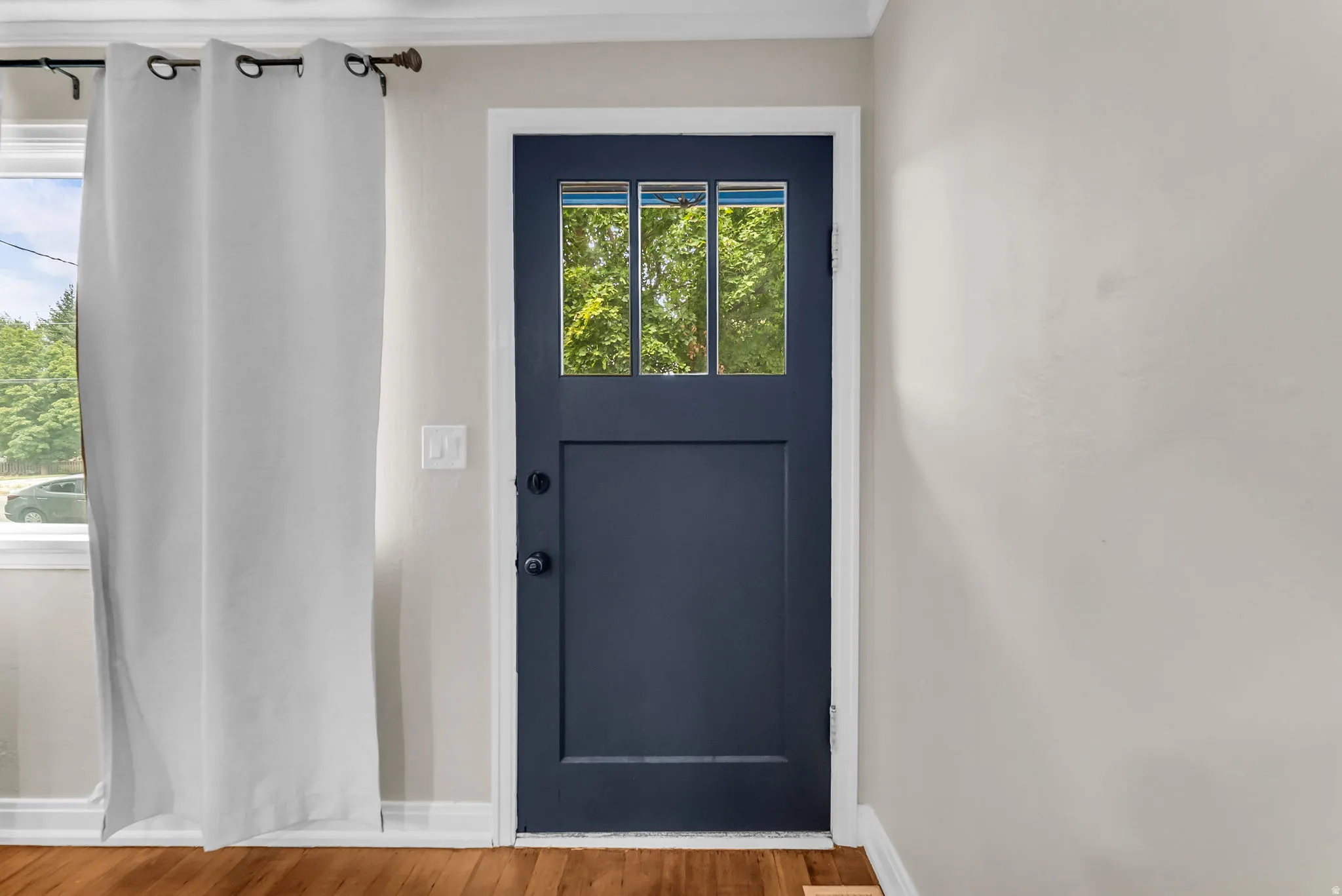 Navy panel door with upper glass inserts, wood-finish flooring, and light neutral wall paint