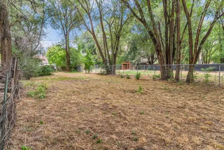 Expansive yard space featuring mature trees and a chain-link fence