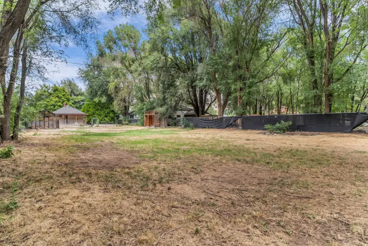 Expansive outdoor space featuring mature trees and a detached structure with a hip roof