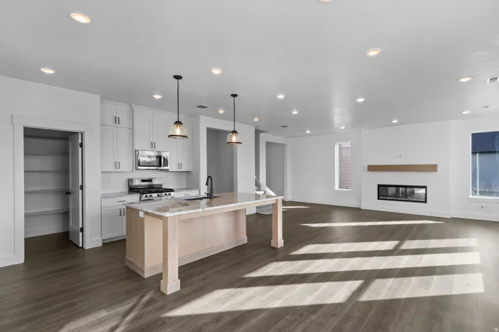 Open-concept living space with wood-finish flooring