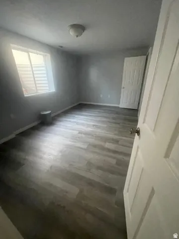 Wood-finish flooring, recessed window, paneled interior door, and a flush mount ceiling light fixture