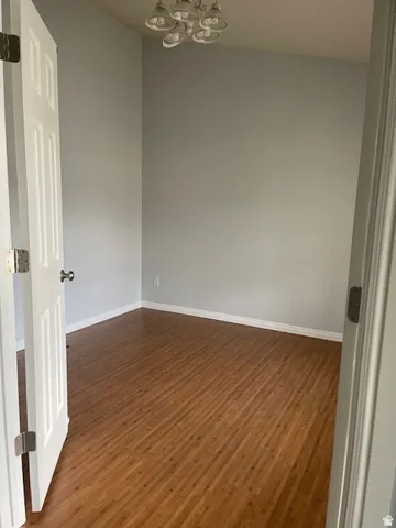 Wood-finish flooring, light gray wall paint, and a ceiling-mounted light fixture