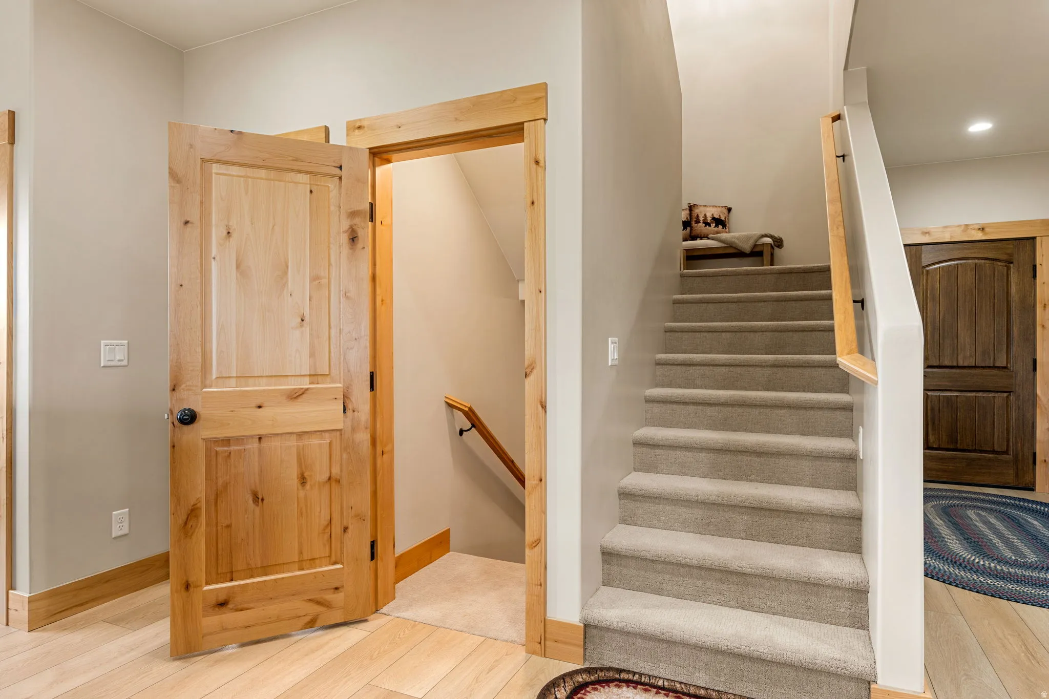 Light wood-finish flooring with coordinating wood-finish trim