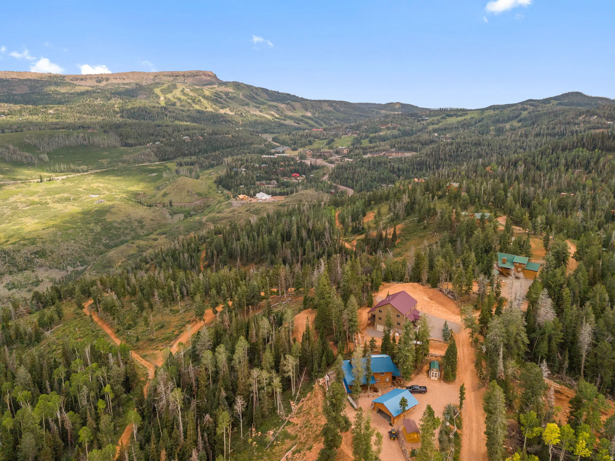 Mountainous terrain with dense evergreen and deciduous trees
