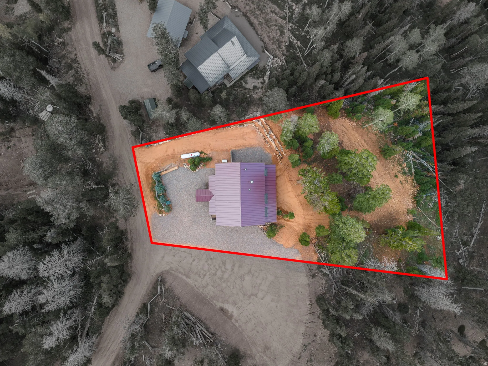 Residential structure with a purple metal roof, surrounded by a natural landscape with mature trees