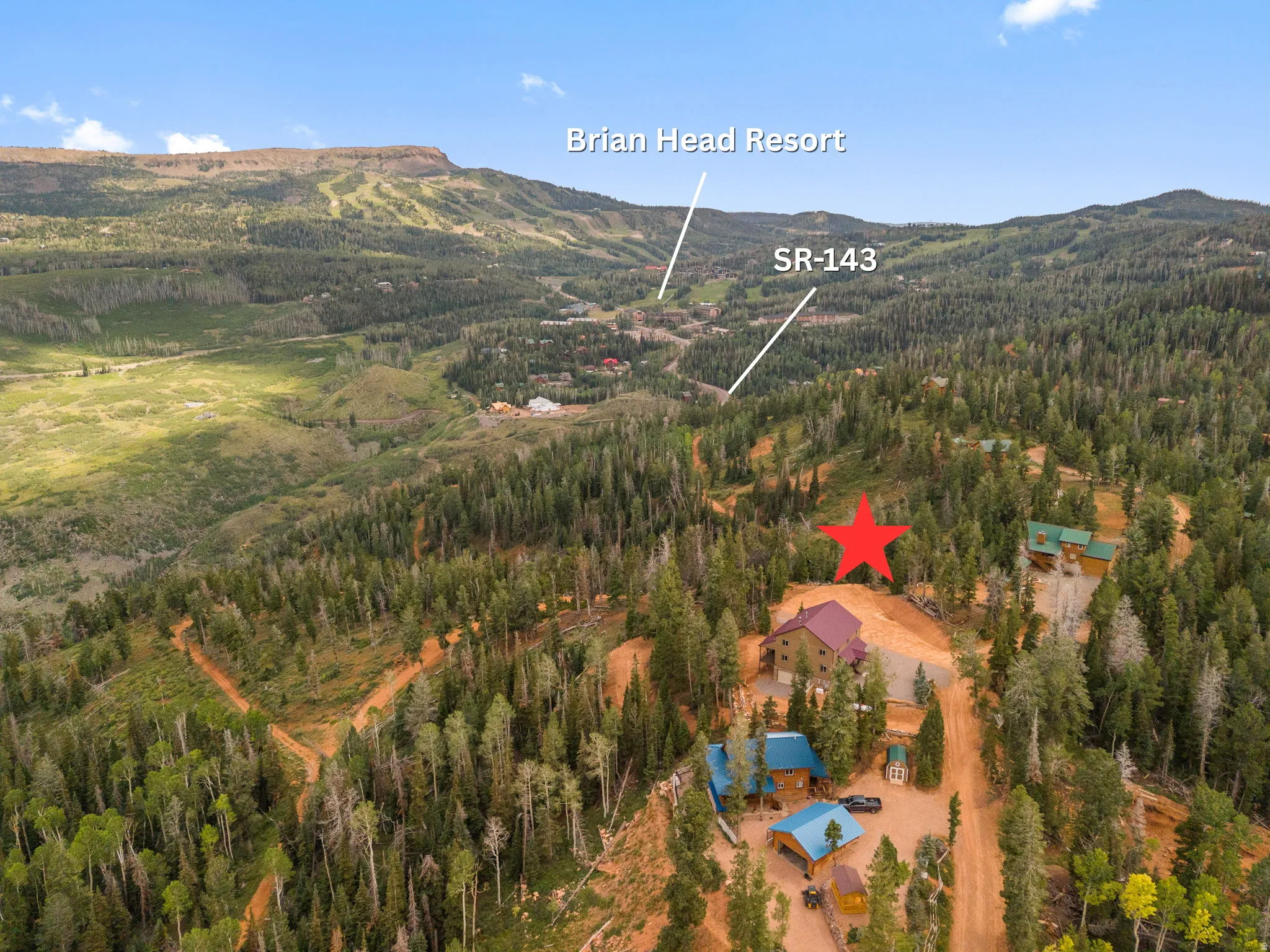 Mountainous terrain with dense forest, visible ski slopes, and properties nestled among trees