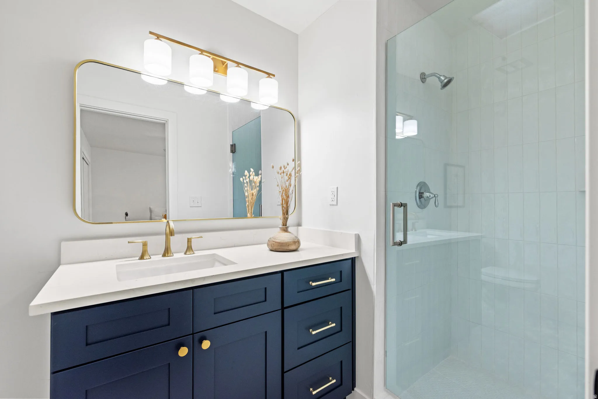 all new master bath with custom tile surround, European style glass doors
