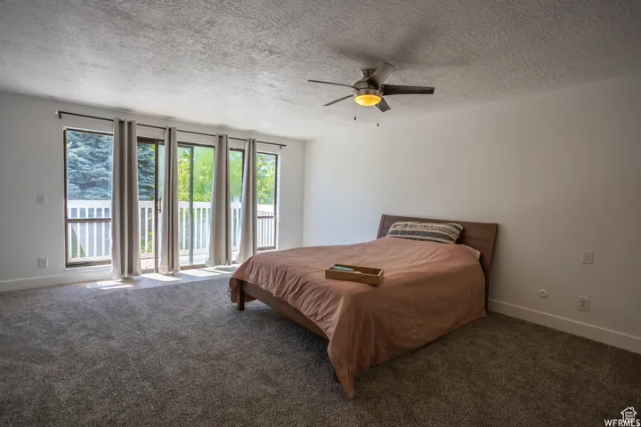 Wall-to-wall carpeting, multiple sliding glass doors, built-in ceiling fan with integrated lighting, white walls, and a white balcony railing