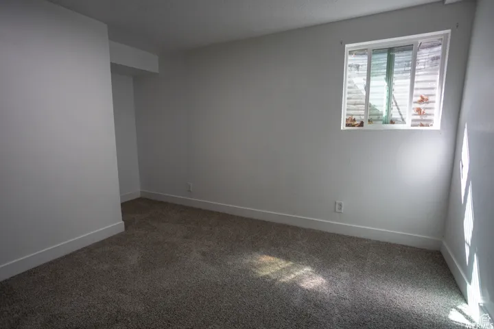 Room featuring neutral wall paint, carpet flooring, a window, and white trim