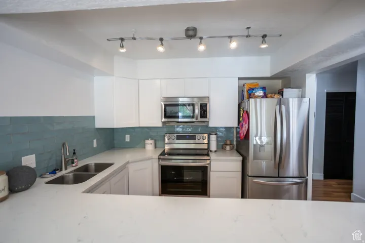 White cabinetry, stainless steel appliances, dual basin sink, track lighting, and a blue subway tile backsplash