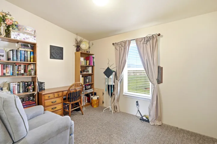 Carpeted room with a single window and neutral wall tones