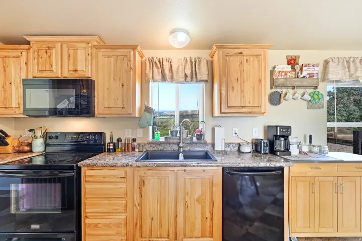 Spacious kitchen featuring natural wood cabinetry, dual black appliances including electric ranges and built-in microwave, granite-style countertops, undermount sink with faucet, and abundant natural light from multiple windows overlooking the surrounding