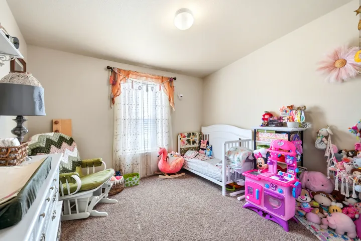 Bright, carpeted bedroom featuring abundant natural light from a large window with sheer curtains, neutral wall finishes, and ample closet storage with built-in shelving and organizational systems