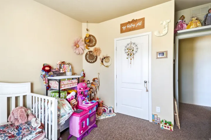 Neutral wall tones, white interior door, and carpet flooring