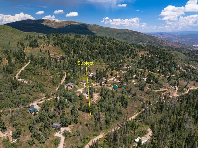Mountainous terrain with extensive tree coverage and visible residential structures