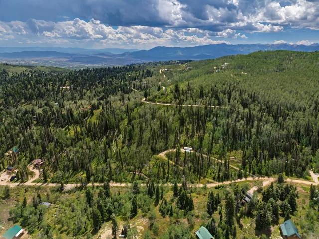 Expansive mountainous landscape featuring dense evergreen and deciduous trees, with scattered residences and a winding unpaved road