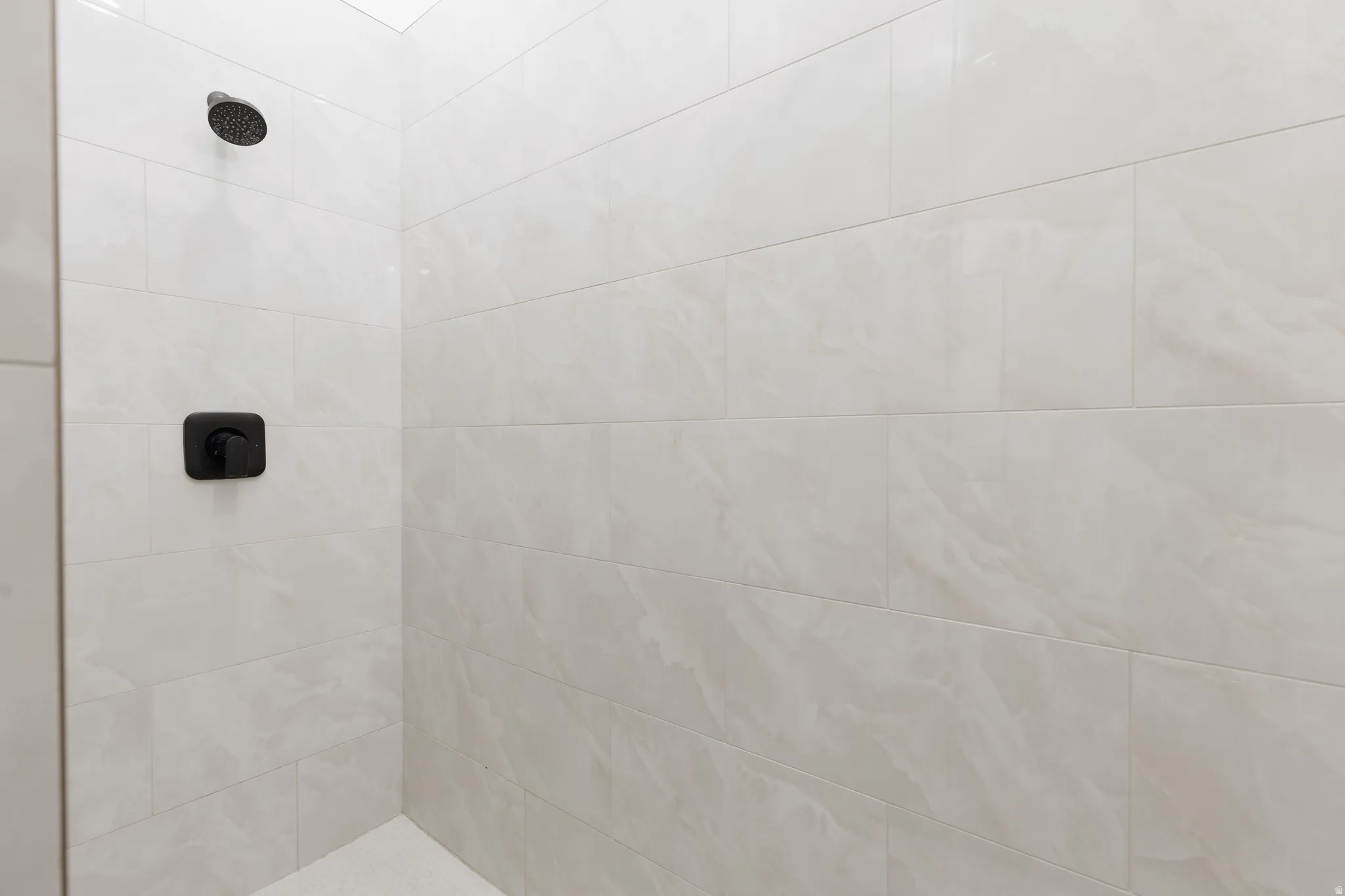 Shower enclosure with matte black fixtures and large format tiles