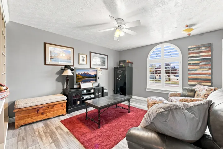 Wood-finish flooring, ceiling fan with integrated lighting, built-in shelving, arched window with plantation shutters