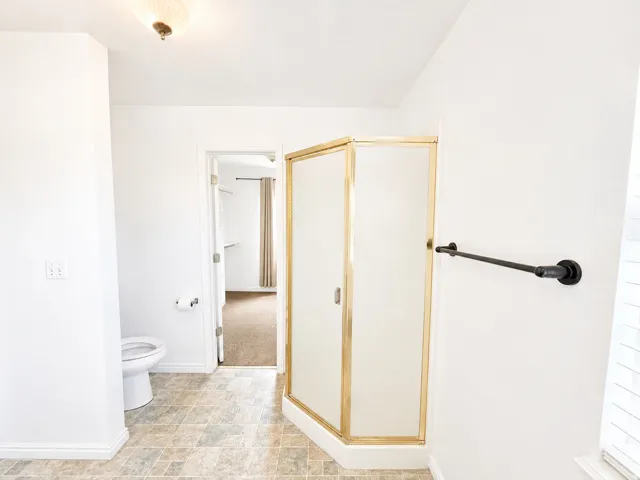 Corner shower enclosure with gold-tone framing, white toilet, and patterned flooring
