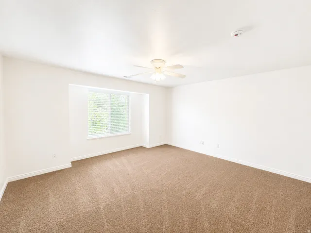 White walls, neutral carpeting, ceiling fan, and window with blinds