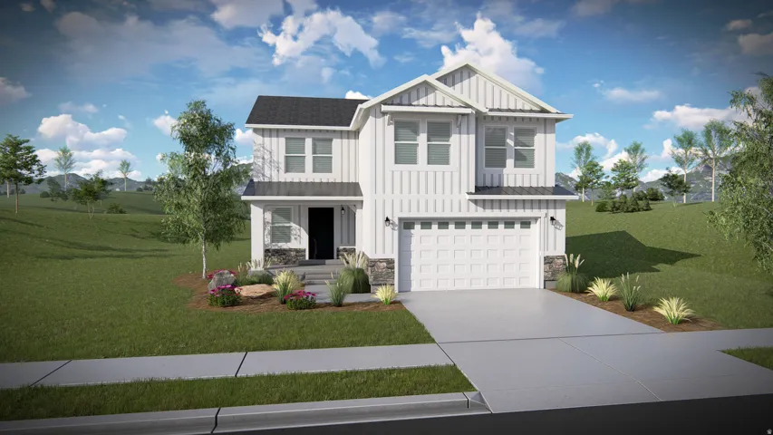 Contemporary two-story exterior with vertical siding, stone accents, attached two-car garage, and a covered entry
