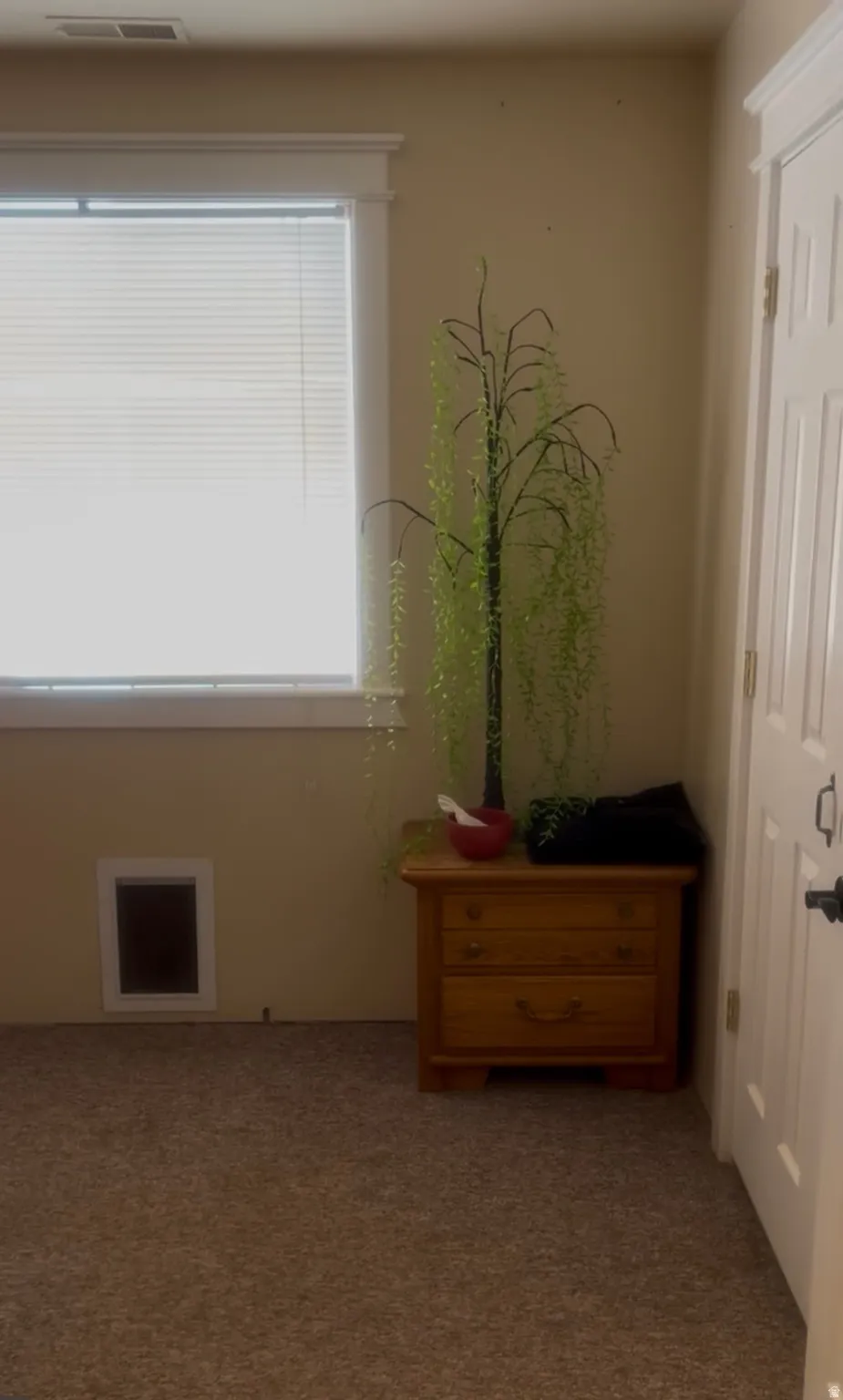 Neutral tone wall paint, window with blinds, carpet flooring, and a white paneled door with dark hardware