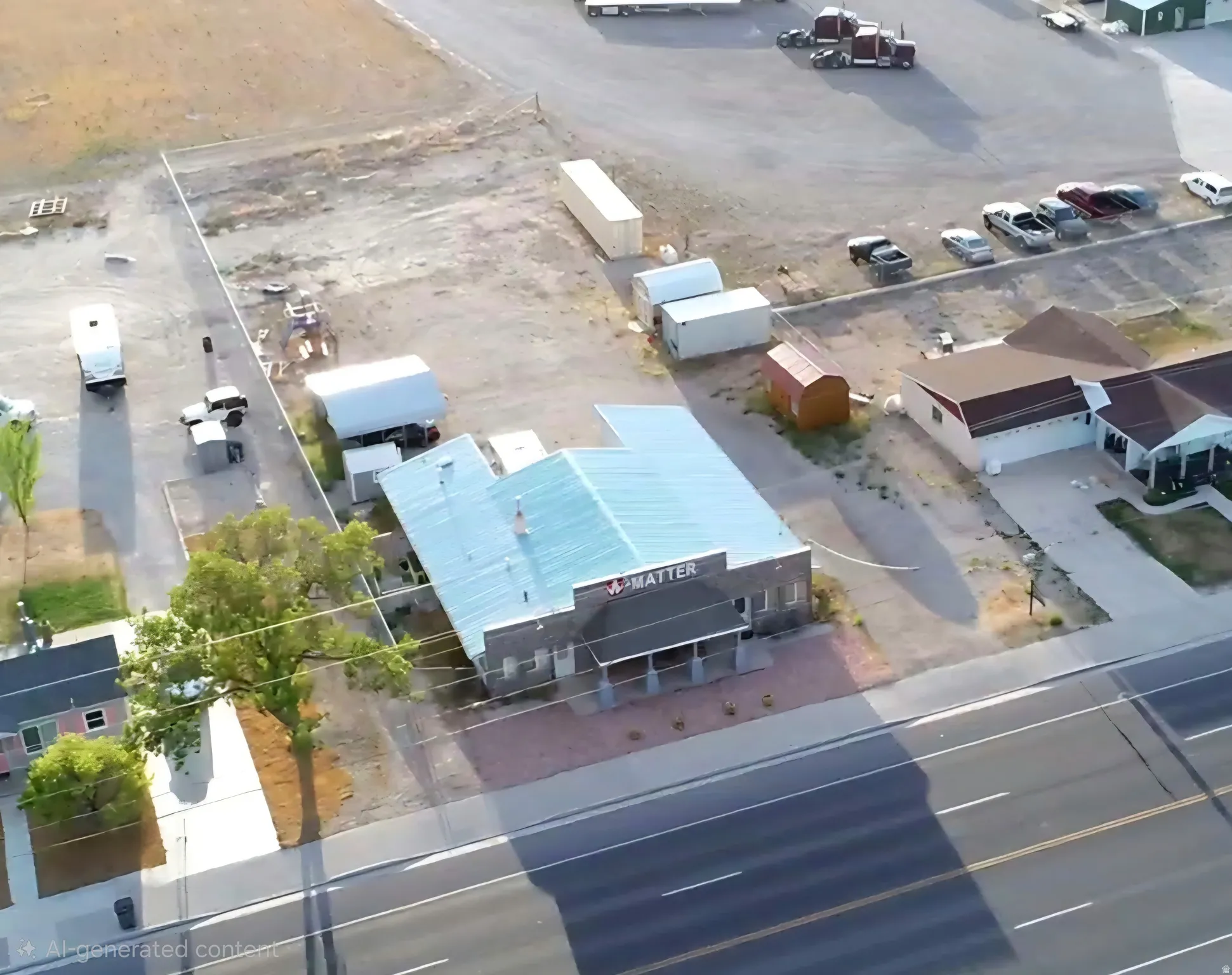 Commercial building with a light blue metal roof, brick facade, and a covered front porch