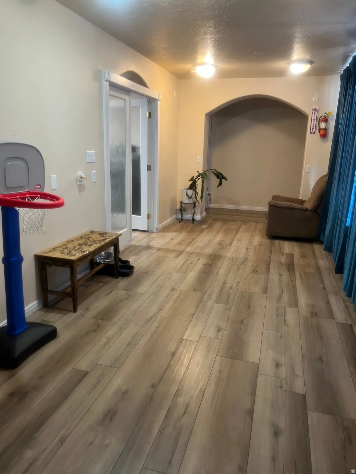 Wood-finish flooring throughout, featuring an arched doorway, and a ceiling-mounted light fixture