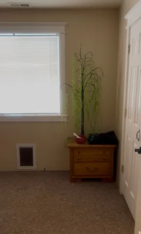 Neutral tone wall paint, window with blinds, carpet flooring, and a white paneled door with dark hardware