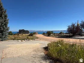 Expansive property featuring a gravel driveway, mature evergreen trees, and a distant body of water