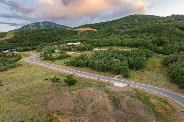 Winding paved road, surrounded by verdant hillsides and dense tree coverage, with distant mountain peaks