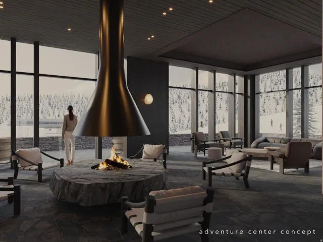 Expansive room featuring floor-to-ceiling windows, a large central fireplace with a metallic hood, and stone flooring