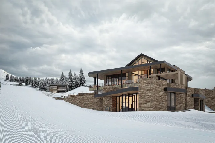 Multi-level stone exterior with a contemporary design and expansive glazing