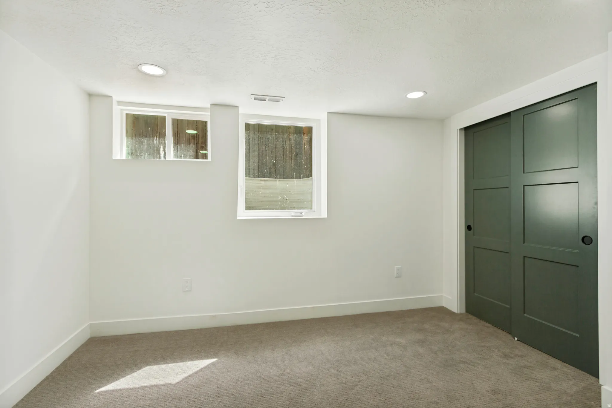 Recessed lighting, neutral carpeting, two windows, and a sliding panel closet door