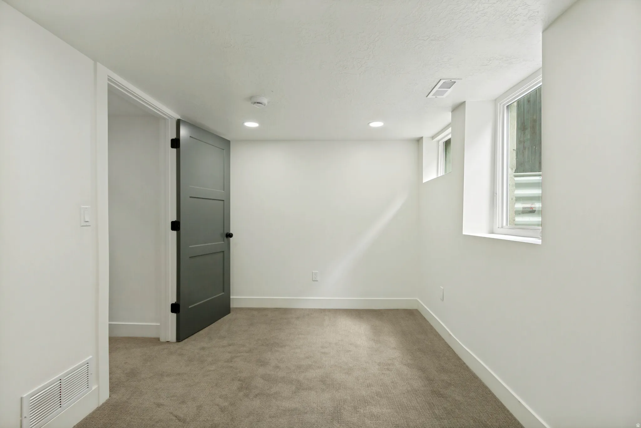 Recessed lighting, neutral carpeting, white trim, and a contemporary three-panel door with dark hardware