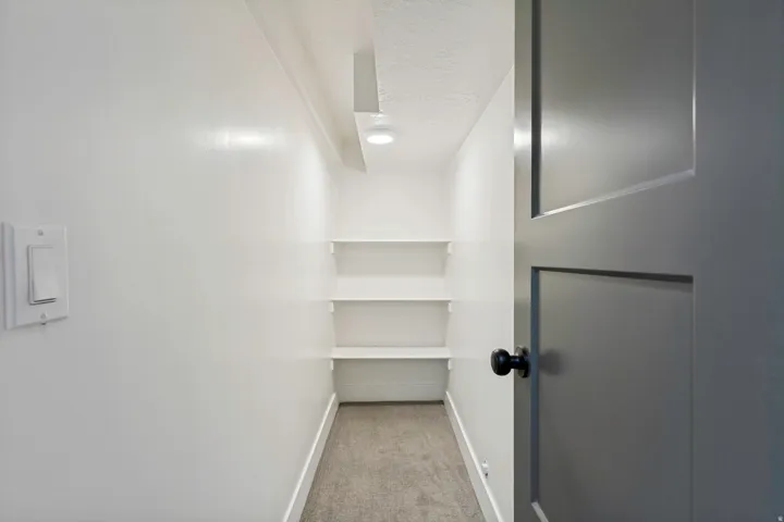 Recessed lighting, built-in shelving, paneled interior door, and neutral carpeting