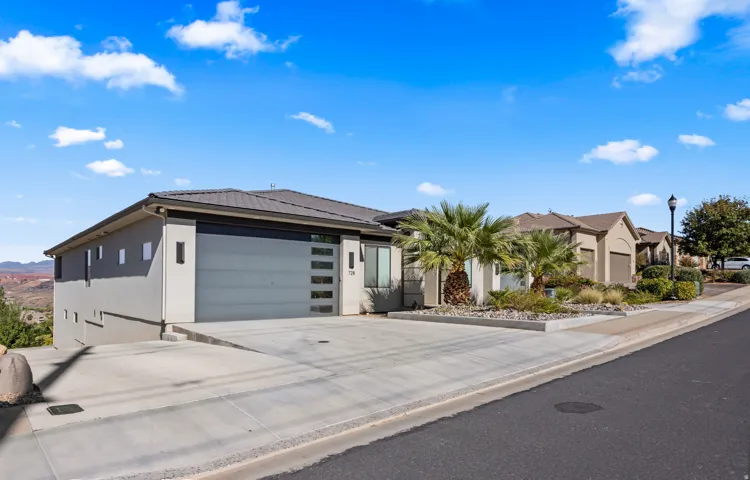 Modern exterior architecture featuring a segmented garage door, low-maintenance landscaping, and a concrete driveway