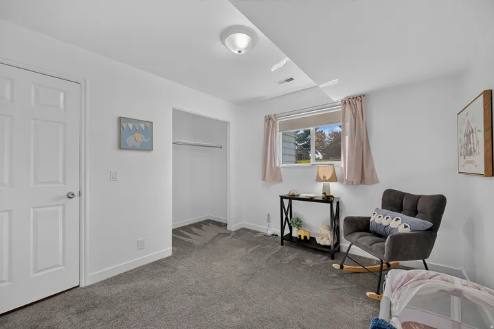 Carpeted flooring, window with blinds and curtains, overhead lighting, white interior door, and an open closet with a hanging rod