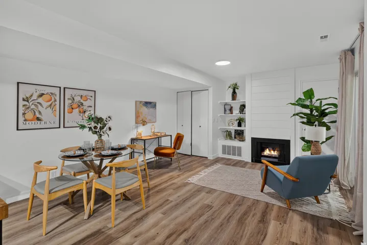 Wood-finish flooring throughout, modern fireplace with shiplap-style surround, built-in shelving, white painted walls, and built-in closet