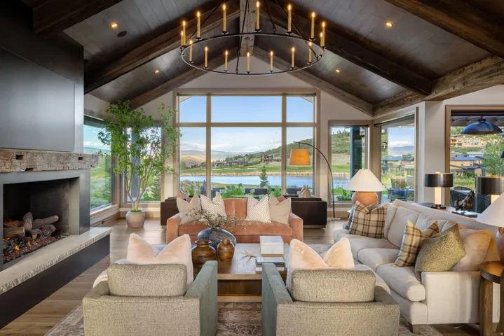 Vaulted wood-paneled ceiling with exposed beams