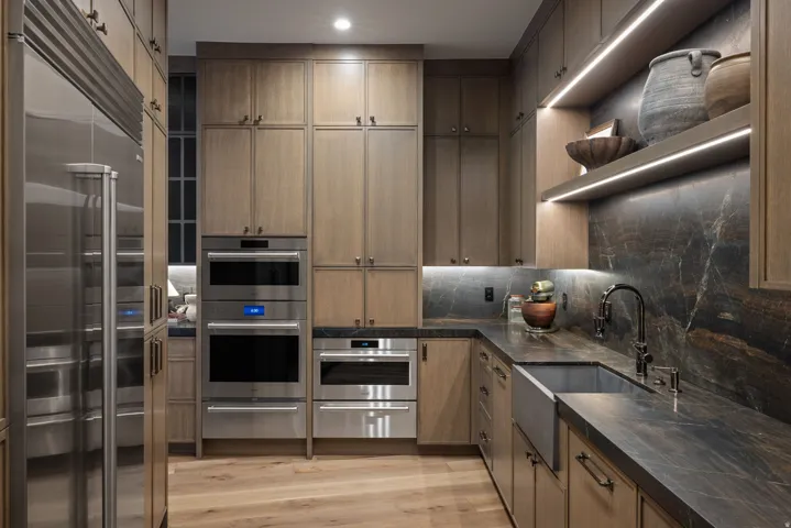 Custom wood cabinetry, integrated stainless steel appliances, stone slab countertops and backsplash, open shelving with under-cabinet lighting, and wood-finish flooring