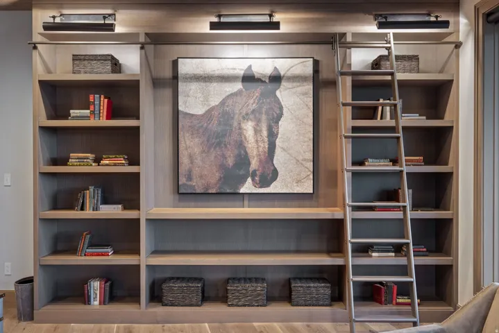 Built-in shelving with integrated ladder, individual shelf lighting, wood-finish flooring, and wall-mounted picture lighting