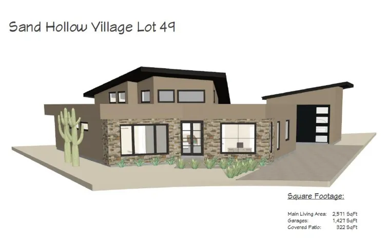 Architectural Rendering, Property Specifications. Illustrating the exterior design and area measurements for the property