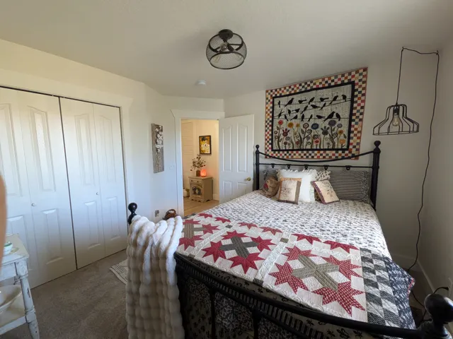 Carpeted flooring with white bi-fold closet doors and an overhead ceiling fixture