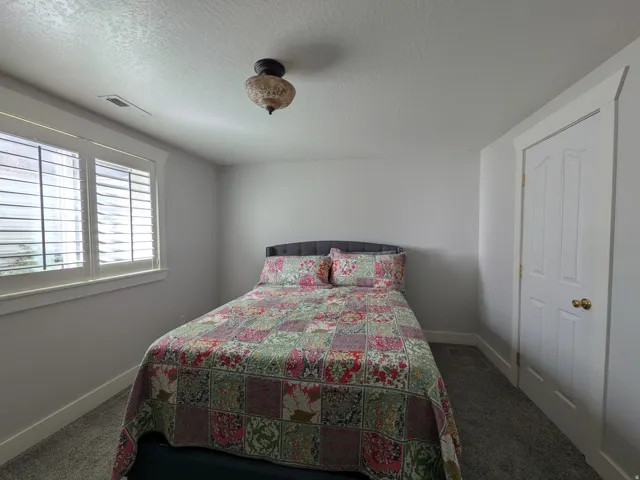 Window with plantation shutters, carpeted flooring, and a flush mount ceiling fixture