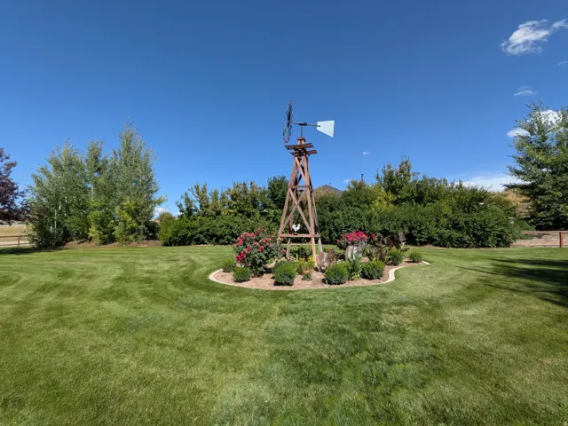 Expansive lawn with a decorative windmill feature