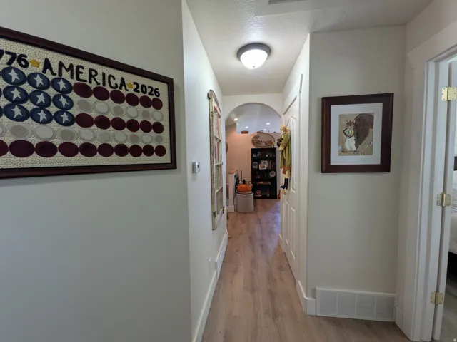 Hallway featuring wood-finish flooring, white walls, and an arched doorway