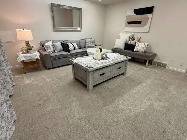 Neutral tone wall color, plush carpeting, and built-in wall outlets